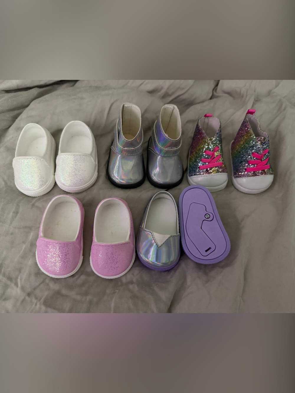 American Girl Glitter, Holographic Silver, Light-up, Pink & White Doll Shoes Set